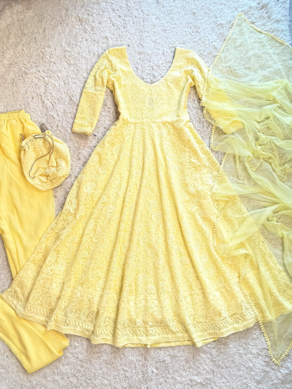 Pastel-Yellow Chikan-Embroidered Anarkali-Kurti-Dupatta-Set