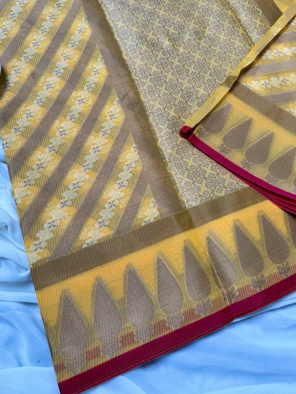Pastel yellow soft cotton woven body Banarasi saree