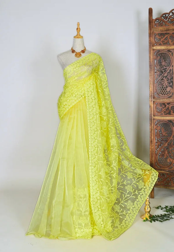 Pastel-Yellow Soft-Organza Embroidered North-Saree