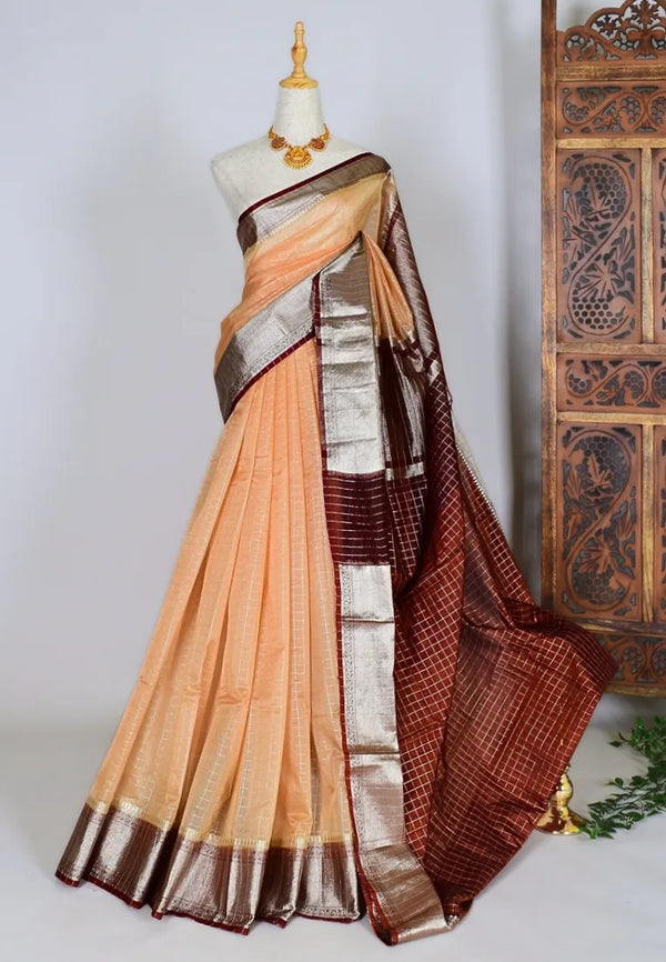 Peach Brown Silk Organza Checkered Silver Zari Woven Banarasi Saree