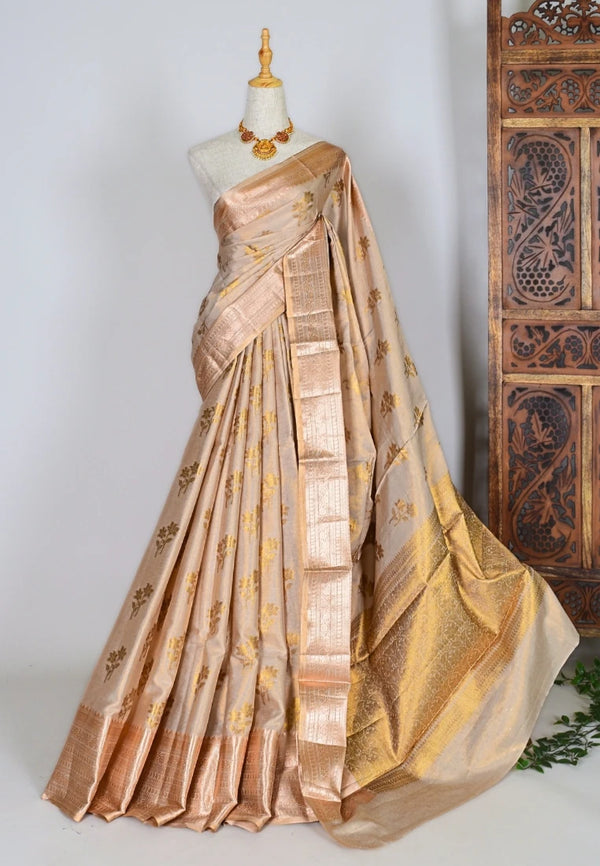 Peach-gold Silk-Tissue Leaf-Butti Banarasi-Saree