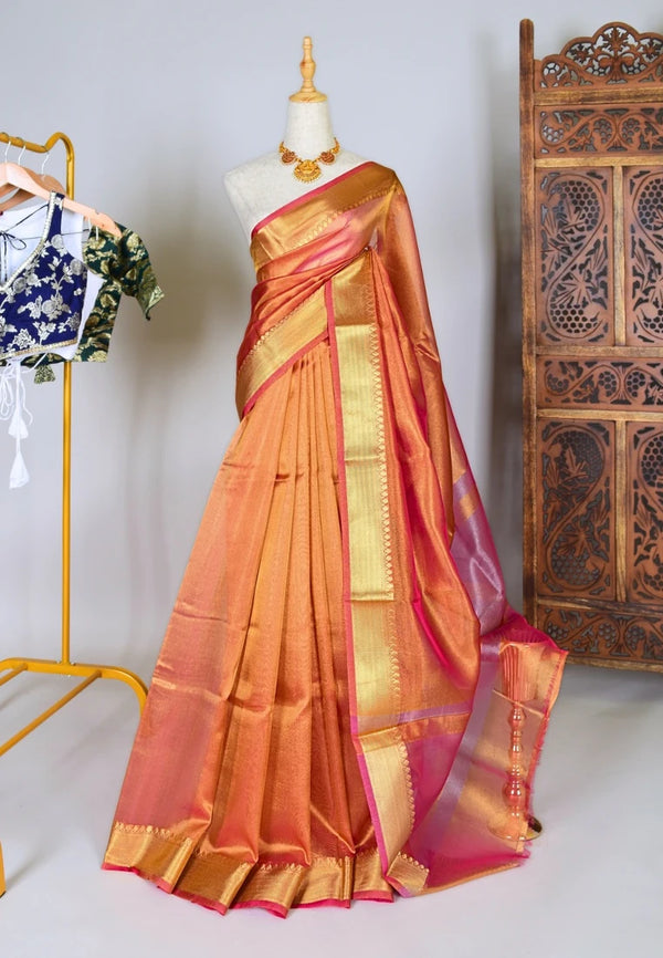 Peach-Gold Silk-Tissue Patta-Border Banarasi-Saree