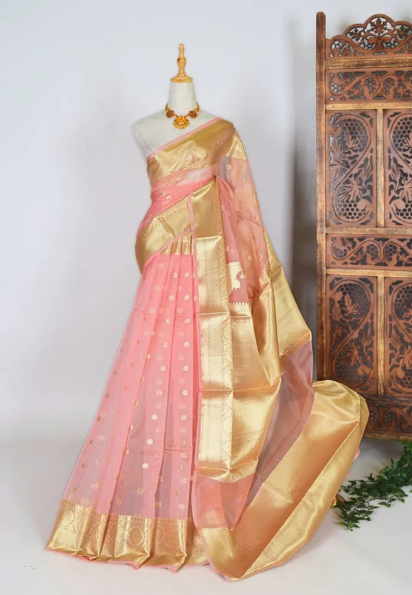 Peach Gold Soft Organza Premium Zari Butti Woven Banarasi Saree