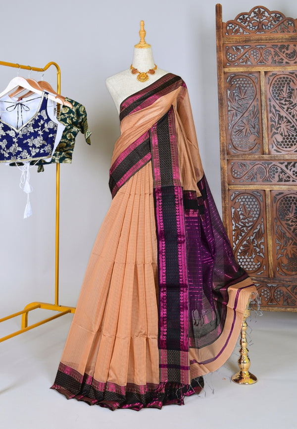 Peach Purple Handwoven Pure Silk Cotton Striped Body Chrome Border Maheshwari Saree