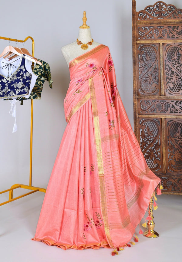 Peach Red Kota Silk Floral Embroidery Woven Border Bengal Saree