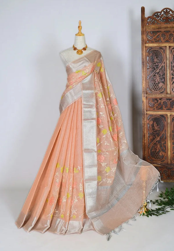 Peach-Silver Kota-Cotton Floral-Thread-Embroidery Banarasi-Saree