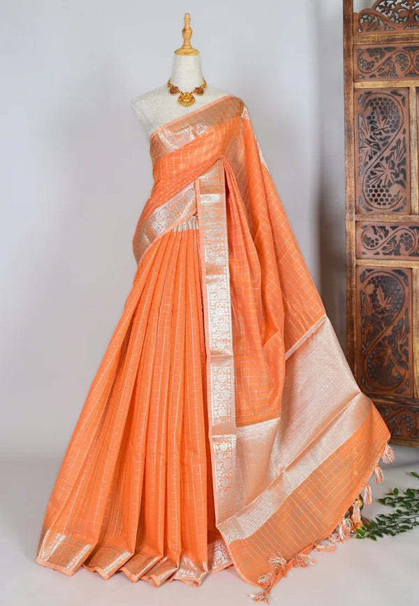 Peach Silver Checkered Silk Cotton Woven Zari Design Banarasi Saree