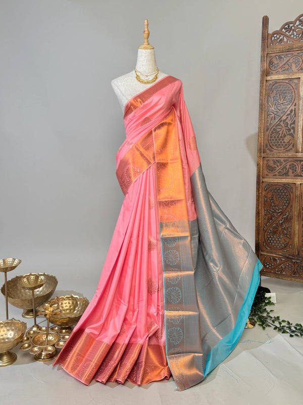 Peach-Turquoise Soft-Silk Semi-Kanji-Woven South-Saree
