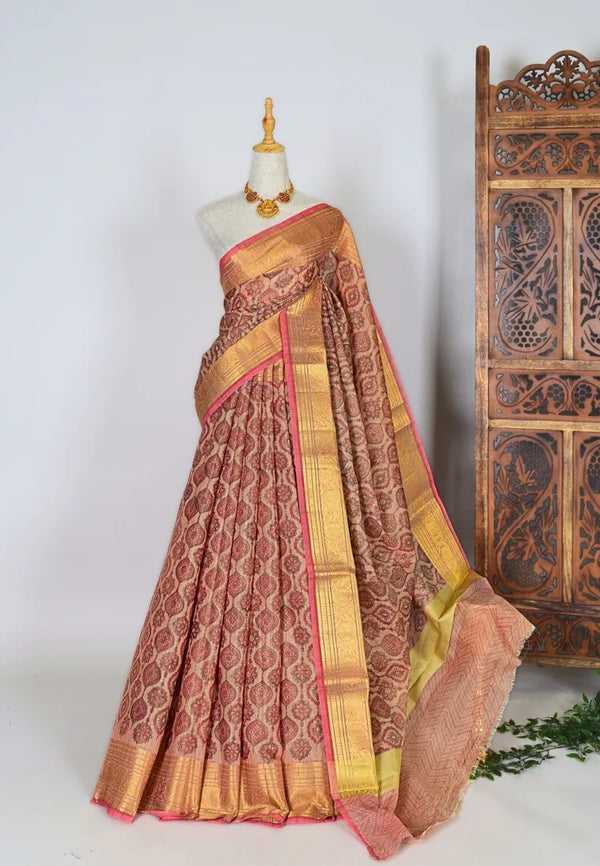 Peach-Gold Soft-Silk-Cotton Brocade-Body Banarasi-Saree