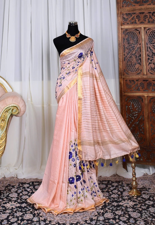 Peach-Blue Kota-Silk Floral-Embroidered-Body Woven-Border Bengal-Saree