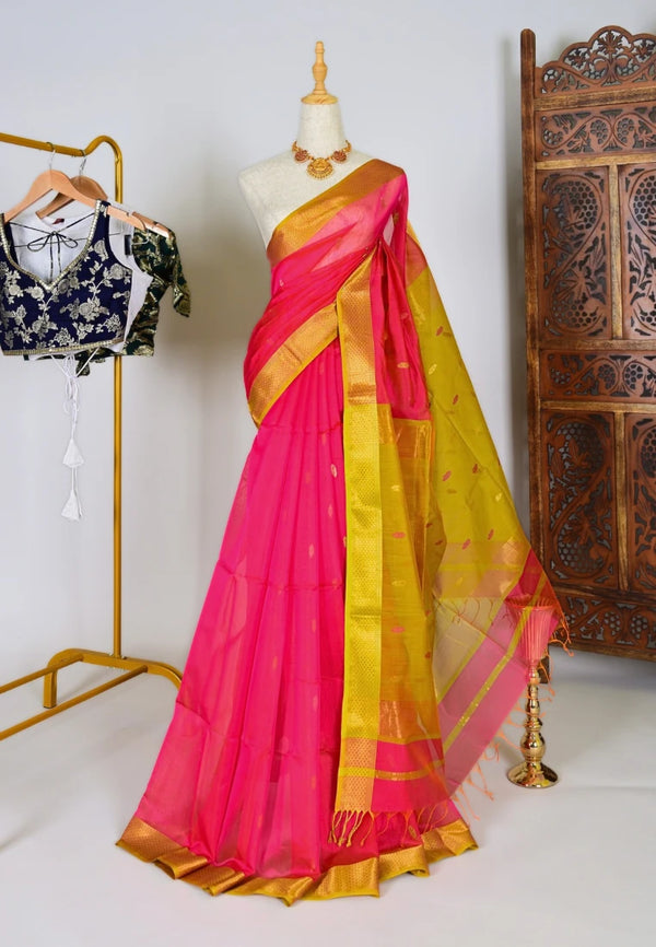 Peach-Neon-Yellow Handwoven Pure-Silk-Cotton Butta-Pallu Maheshwari-Saree