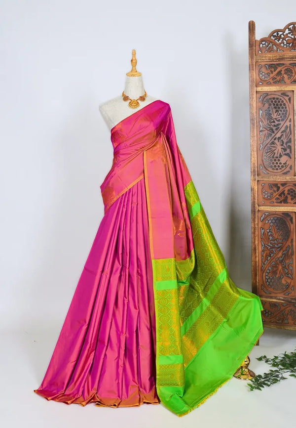 Peach-Parrot-Green Zari-Butta Soft-Silk Borderless South-Saree