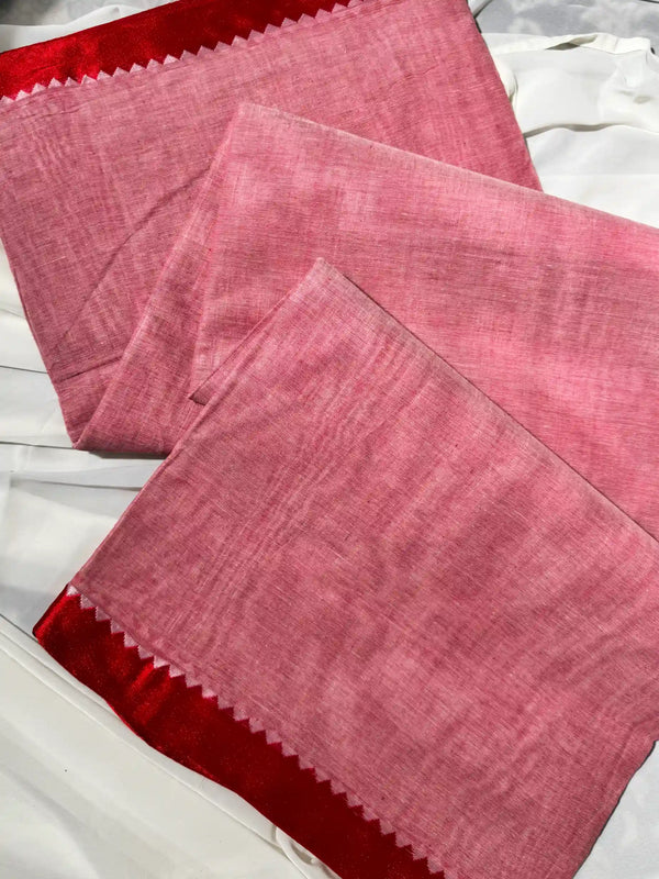 Peach red cotton plain bengal saree