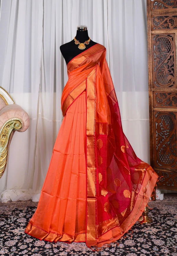 Peach-Red Pure-Silk-Cotton Big-Butta-Pallu Handloom Maheshwari-Saree