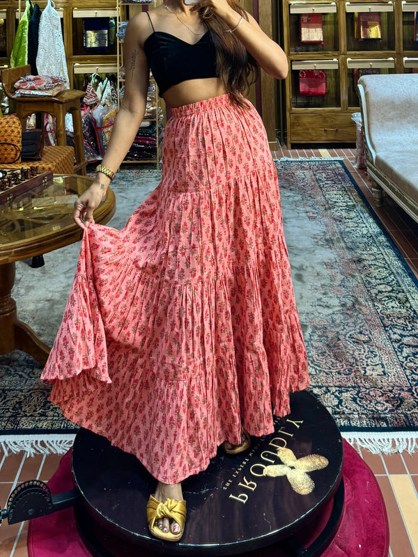 Peach-Red Pure-Cotton Block-Print Flare-Layered-Skirt