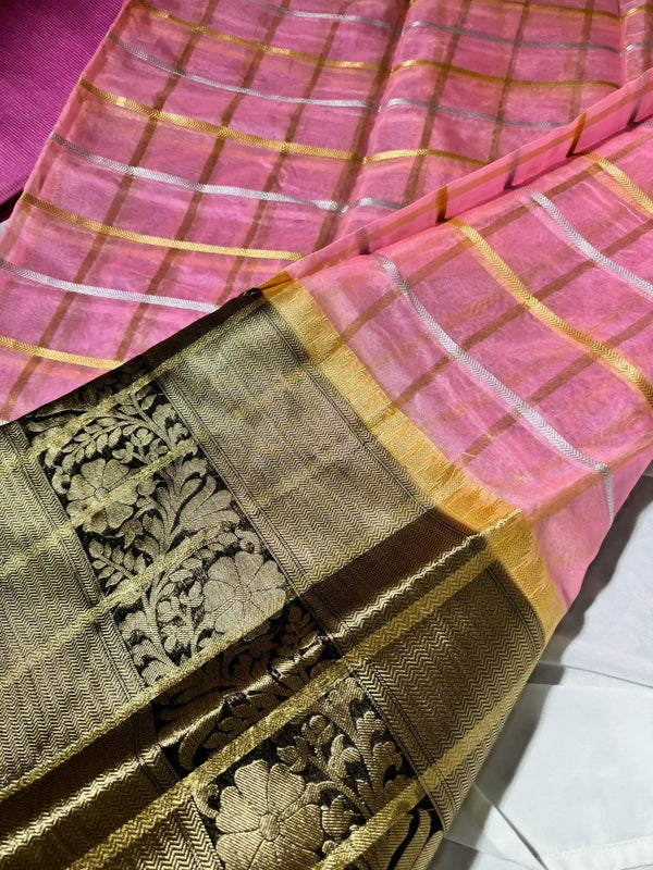 Pink-black soft kora organza checkered Banarasi saree