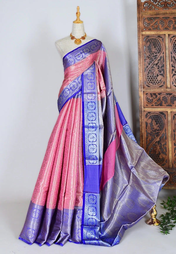 Pink-Blue Silk-Tanchui Embossed-Floral Banarasi-Saree