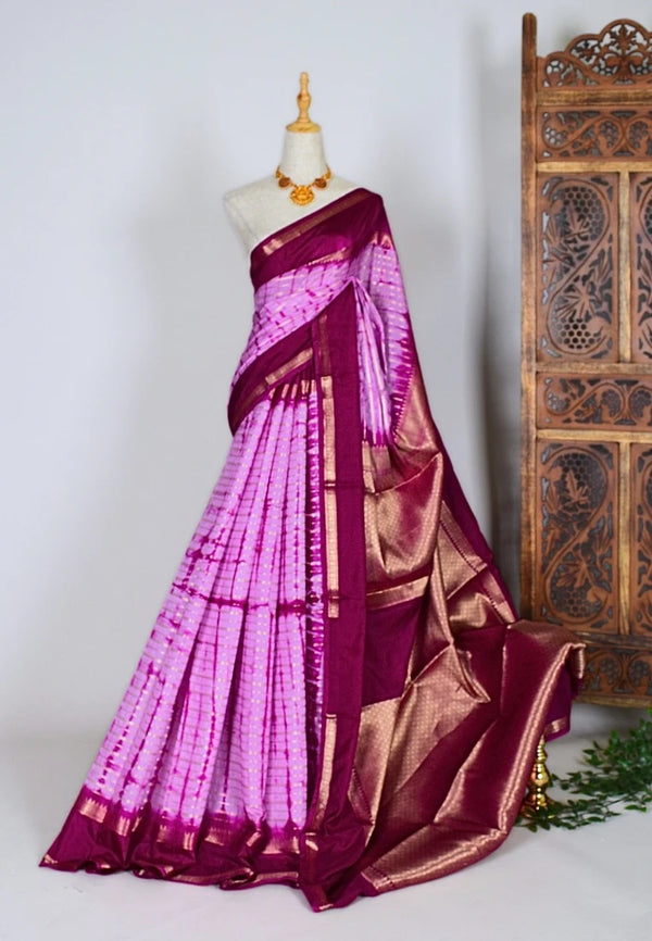 Pink-Cherry Dupion-Silk Shibori-Tie-Dye Banarasi-Saree