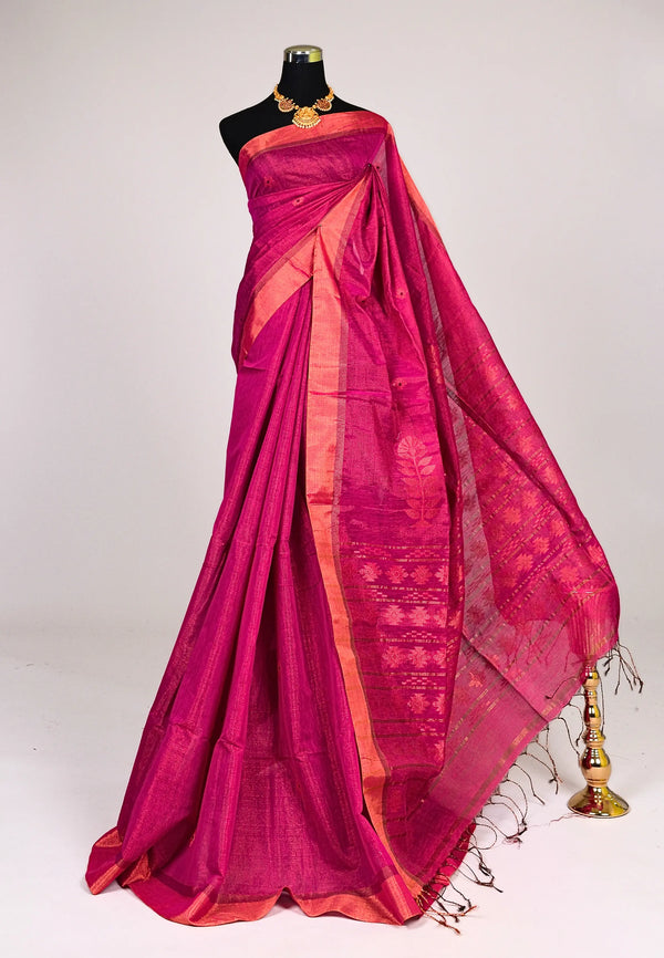 Pink Copper Tissue Cotton Zari Woven Subtle Body Thin Border Bengal Saree