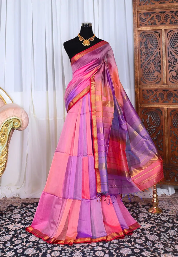 Multi-Colour Handwoven Pure-Silk-Cotton Woven-Border Maheshwari saree