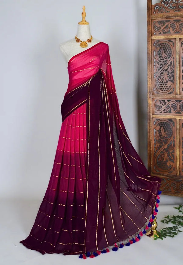 Pink-Purple Handspun Pure-Cotton Zari-Woven-Stripes Ombré Bengal-Saree