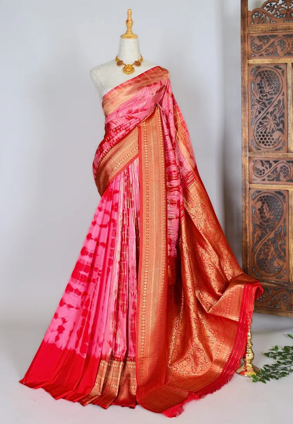 Pink Red Dupion-Silk Shibori Tie-Dye Banarasi Saree