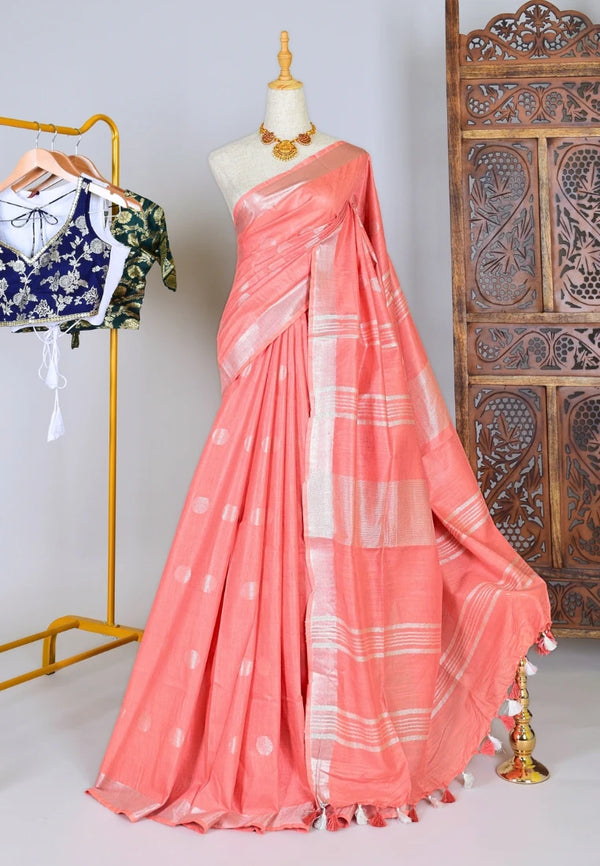 Pink-Silver Kota-Silk Ball-Butta Woven-Border Bengal-Saree