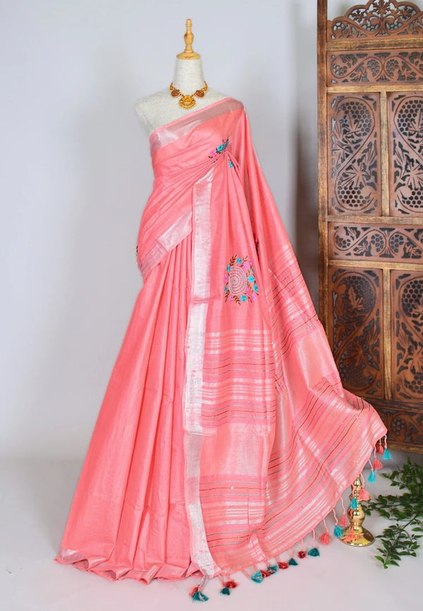 Pink-Silver Kota-Silk Floral-Embroidered Woven-Border Bengal-Saree