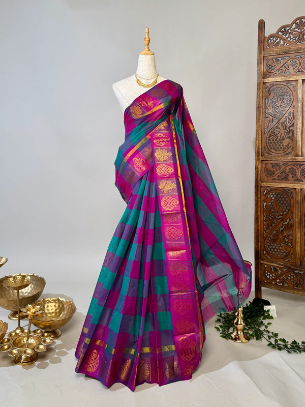 Pink-Teal Pure-Cotton Chetti-Checkered-Kattam South-Saree