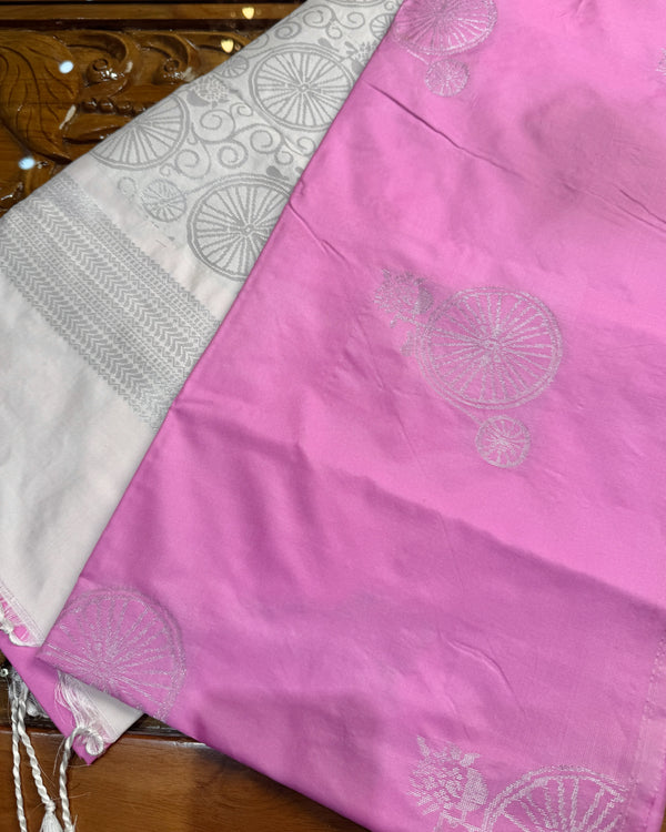 Pink-White Premium-Soft-Silk Silver-Zari Woven-Butta South-Saree