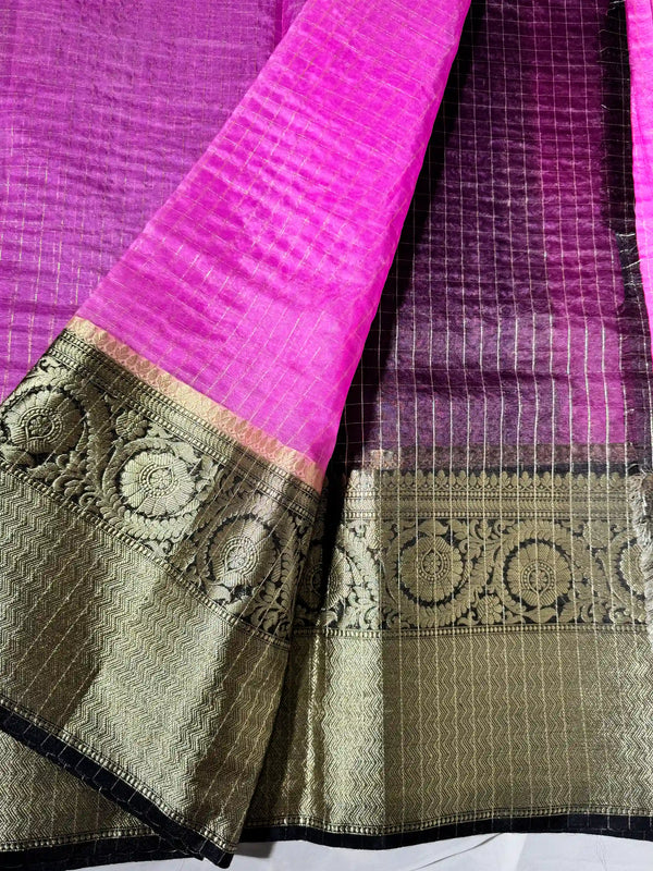 Pink black kora organza checkered Banarasi saree