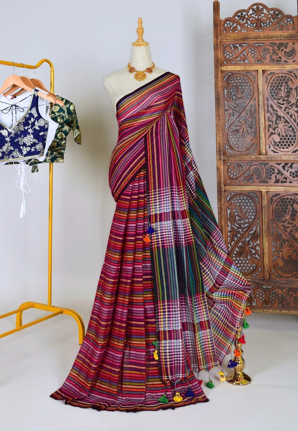 Pink Handspun Pure-Cotton Striped-Rainbow-Design Bengal-Saree