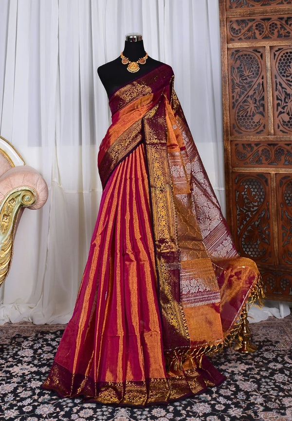 Pink-Purple Handloom Mercerised-Cotton-Tissue Grand-Pallu Bengal-Saree