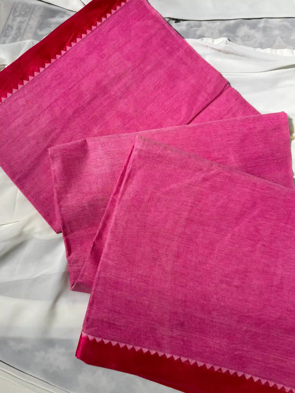 Pink red cotton plain bengal saree