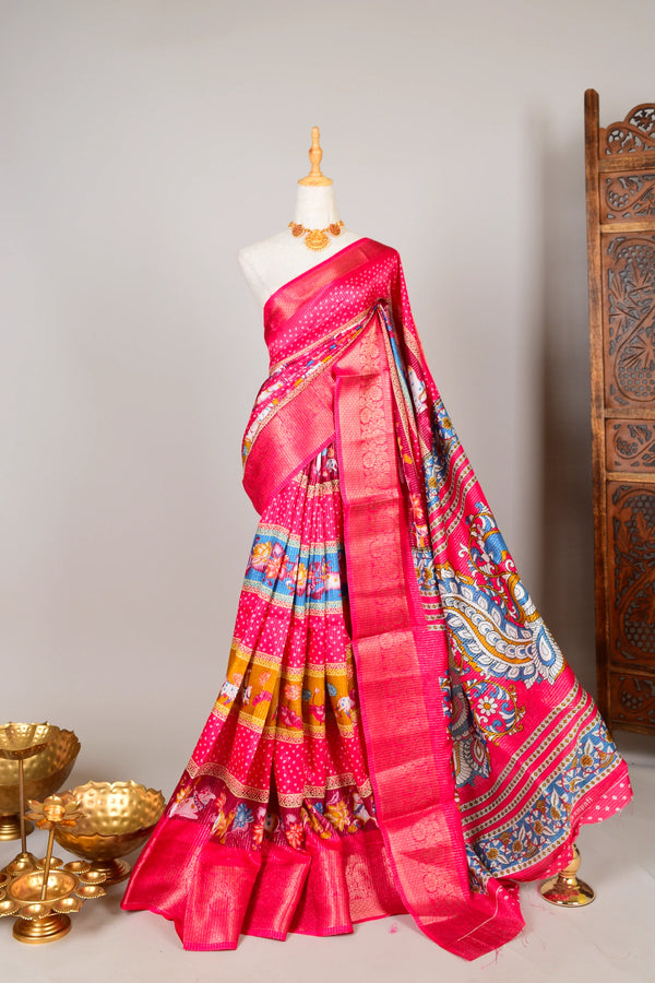 Pink Soft-Silk Kalamkari-Cow-Themed North-Saree