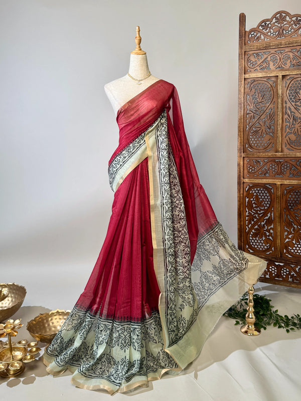 Pink-Off-White Soft-Cotton Kalamkari-Themed North-Saree