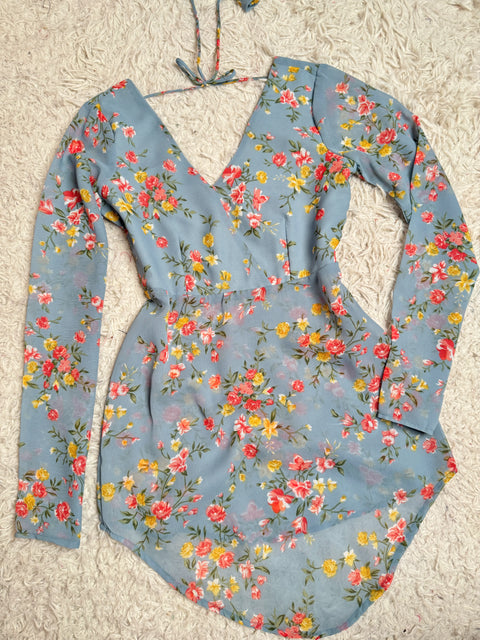 Powder Blue Premium Georgette Floral Printed V neck Flare Short Kurti Top