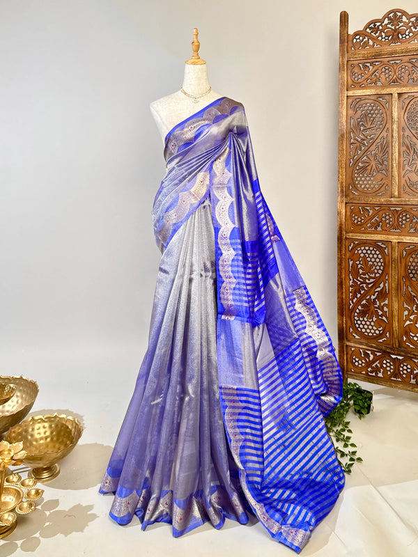 Powder-Blue Silk-Tissue Crown-Border Banarasi-Saree