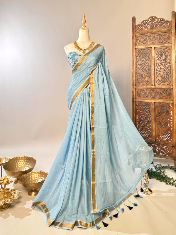 Powder-Blue Handspun Pure-Cotton Kalamkari-Blouse Bengal-Saree