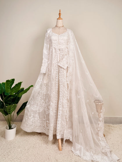 Pure White Designer Lace Embroidered Premium Front Slit Anarkali