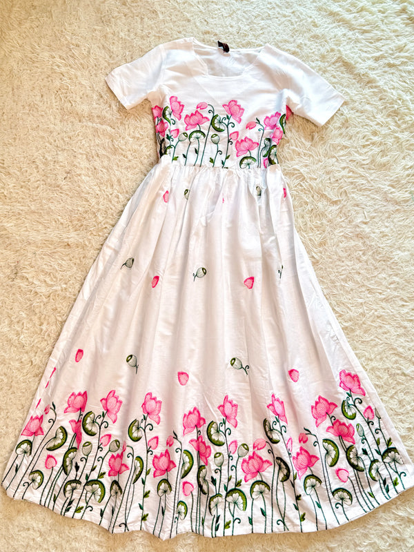 Pure-White Silk-Cotton Lotus-Embroidery Ankle-Length-Anarkali