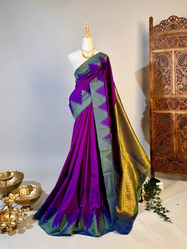 Purple-Teal Soft-Silk Temple-Border Tissue-Pallu South-Saree