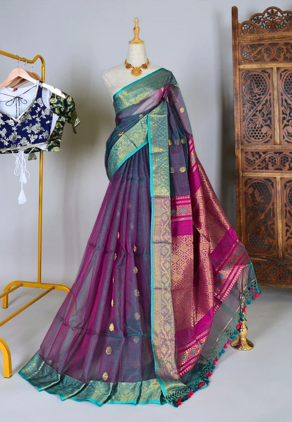 Purple-Turquoise Handwoven Muslin Zari-Woven Bengal-Saree