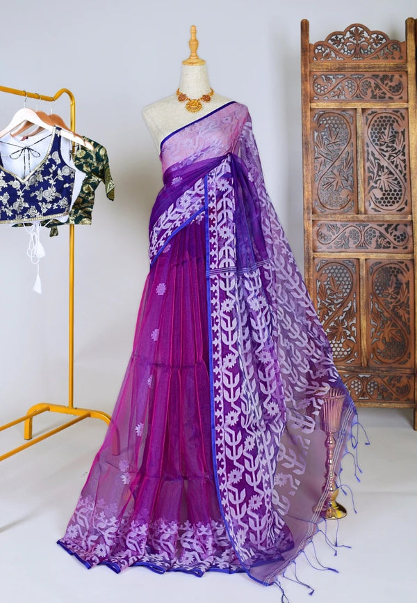 Purple-White Handloom Pure-Muslin Jamdani-Weaving Bengal-Saree