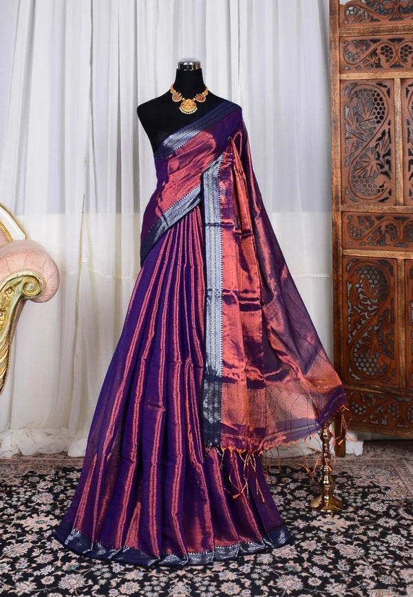Purple-Blue Handspun Pure-Cotton-Tissue Small-Border Bengal-Saree
