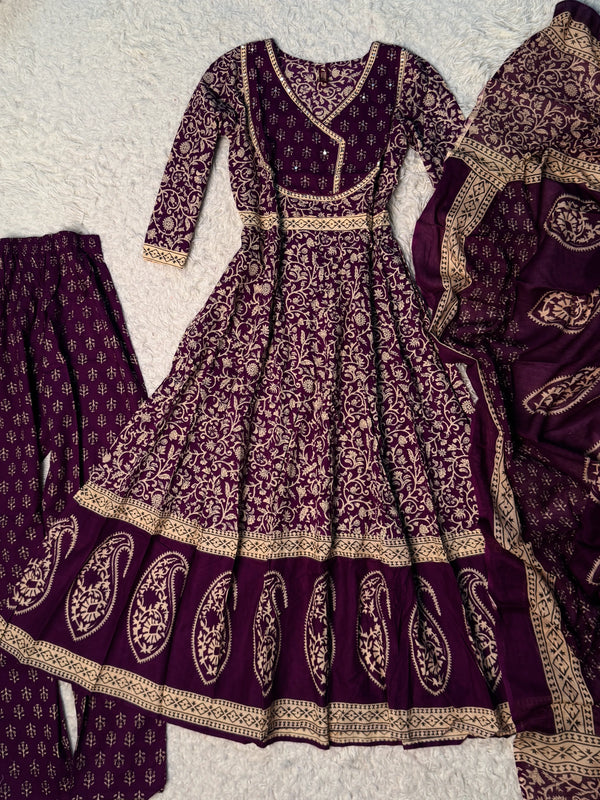 Purple Pure-Cotton Screen-Print Anarkali-Kurti-Pants-Dupatta-Set