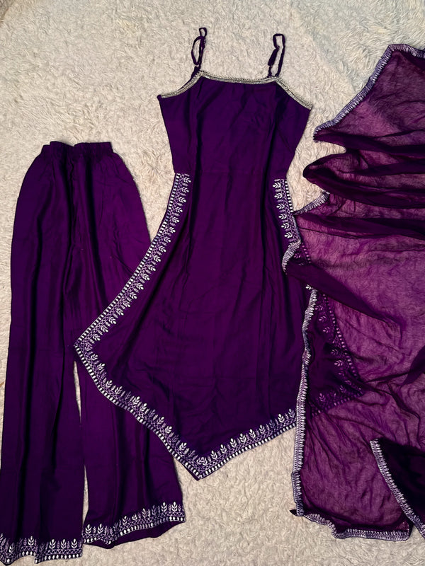 Purple Silk-Rayon Diamond-Cut Lace-Embroidered Kurti-Pants-Dupatta-Set