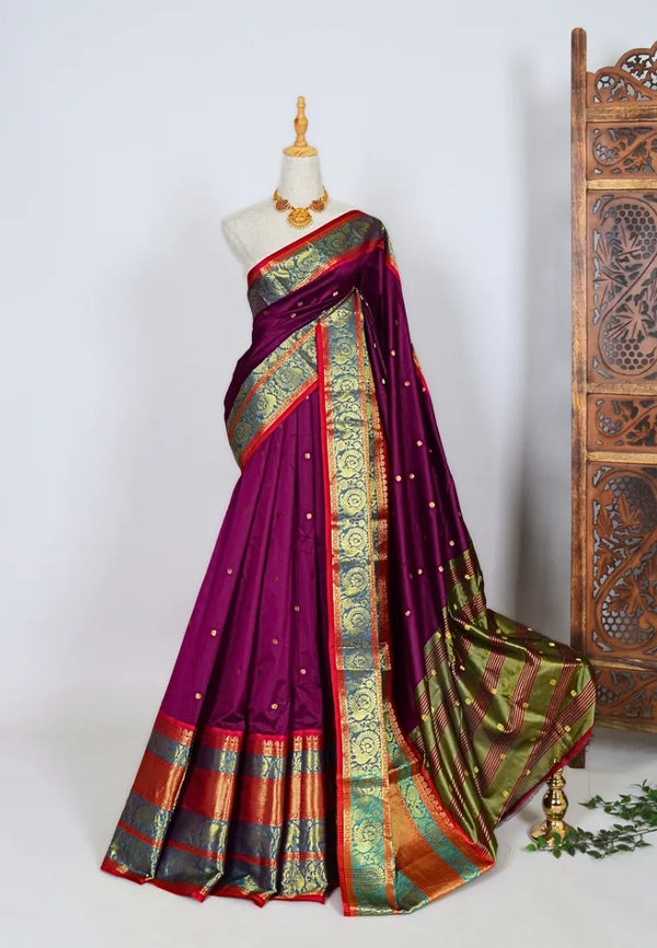 Purple Soft-Silk-Cotton Rich-Border Butta-Woven North-Saree