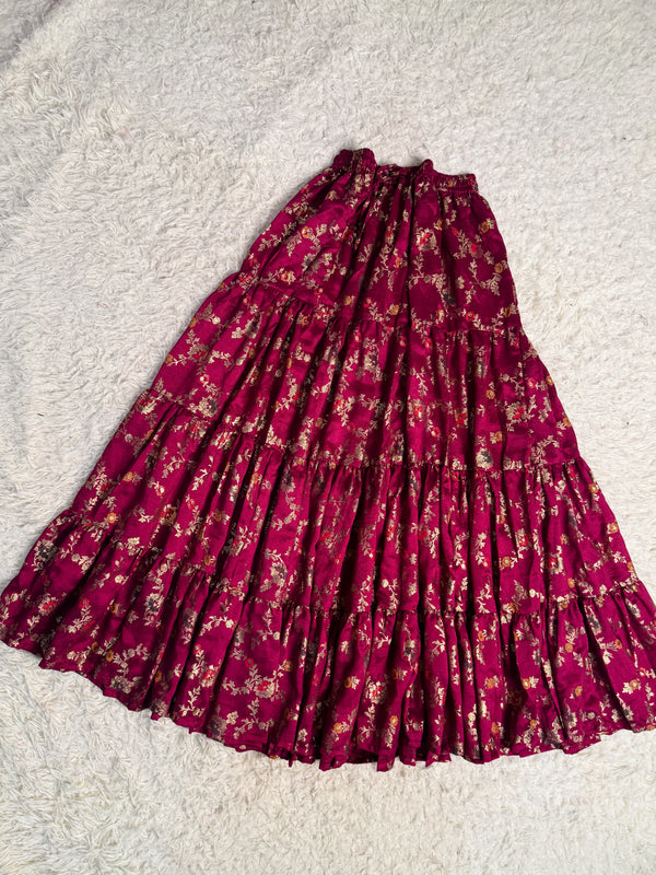Purple-Wine Vichitra-Silk Full-Flare Foil-Print Multi-Layered Skirt