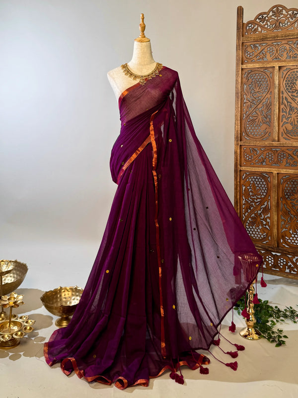 Purple-Wine Handspun Pure-Cotton Sequin-Stitched Bengal-Saree